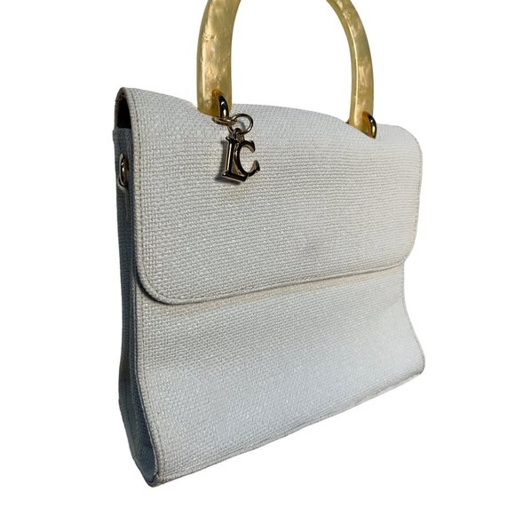 Vintage Liz Claiborne White Wave Leather Linen Bag - Picture 1 of 13